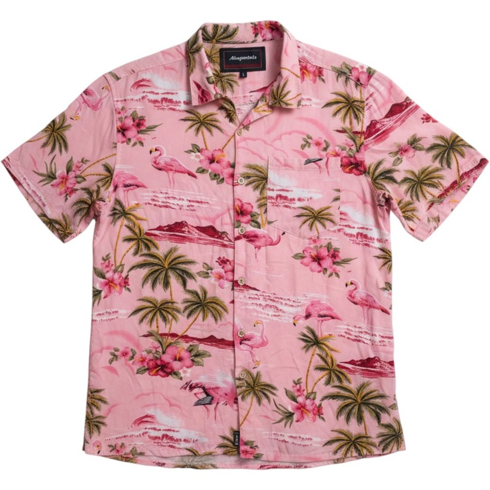 Aeropostale Men's Large Pink Flamingo Hawaiian Shirt Tropical Palm Tree Viscose